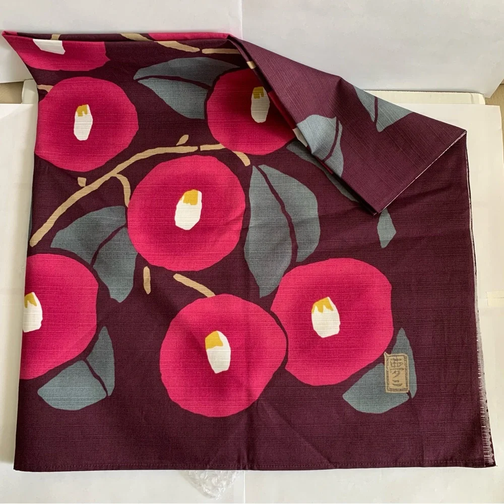 Musubi Japanese Furoshiki 36” Takehisa Yumeji Camellia Purple Cotton Cloth Japan